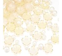 100Pcs Cherry Blossom Acrylic Flower Beads, Shiny 5-Petal Gold-Plated Gradient Floral Beads with 90Pcs Multi-Size Beige Pearls for Necklaces Bracelets Earrings DIY Jewelry Making,Yellow Color