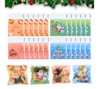 100PCS Christmas Cellophane Self Adhesive Cookie Bags, Xmas Print Plastic Sweet Treat Bags for Presents, Party Supplies and Decoration