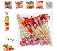 100PCS Christmas Cocktail Sticks,Vintage Themed Xmas Decoration Toothpicks,Bamboo Food Picks Fruit Sticks Wooden Toothpicks Xmas Bamboo Skewers Cocktail Stick for Drinks Canapes Appetizers