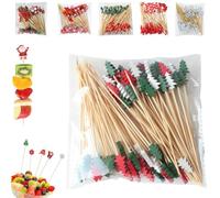 100PCS Christmas Cocktail Sticks,Vintage Themed Xmas Decoration Toothpicks,Bamboo Food Picks Fruit Sticks Wooden Toothpicks Xmas Bamboo Skewers Cocktail Stick for Drinks Canapes Appetizers