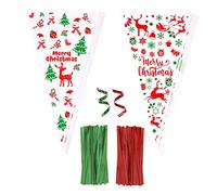 100PCS Christmas Cone Bags, AUERVO Clear Cone Sweet Bags Santa Claus Bells Elk Pattern Party Bags With Red Green Twist Ties for Xmas Party Supplies Decorations
