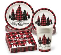 100PCS Christmas Party Tableware Set for 25 Guests, Buffalo Plaid Christmas Tree Paper Plates Cups and Napkins, Disposable Holiday Dinnerware Set for Xmas Party, Family Dinner and Winter Gathering