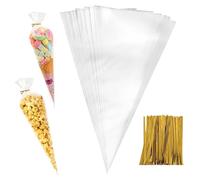 100PCS Clear Cellophane Bags,Clear Cone Bags,Triangle Transparent Sweet Cones,with 100pcs Twist Ties,for Snacks Wrapping,Christmas Party Snacks,Candy Cookie,Soap Gifts