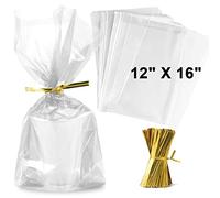 100Pcs Clear Cellophane Treat Bags 12"x 16" - 2 mils, OPP, Plastic Cello Bags for Wrapping/Packaging, Cookies, Gifts, Candies, Dessert, Bakery, Party Favor, with 4” Gold Twist Ties