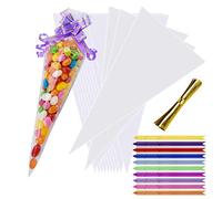 100PCS Clear Cone Bags AUERVO Sweets Cellophane Treat Bags 12" X 6.3" AUERVO Clear Resealable Cello Bags Party Gift Bags OPP Plastic Bag with 100PCS Mix Pull Bows for Candy, Soap, Cookie