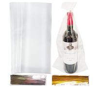 100pcs Clear Wine Bottle Gift Bags with BONUS 200 Pieces Gold Silver Twists, 8 x 16 Inch Many Cellophane Bags Clear Plastic Gift Wine Bag Wrap for Wrapping Gifts Present Candy Holiday Party Favors.