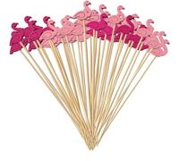 100PCS Cocktail Picks Hawaiian Long Toothpicks Flamingo Handmade Bamboo for Appetizers Summer Spring Holiday Birthday Cake Dessert Food Fruit Drinks Luau Party Decorations