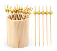 100pcs Cocktail Picks with Holder, 4.72 Inch Fancy Toothpicks for Appetizers Gold Pearl Decorative Skewers Wooden Food Sticks for Drinks Fruit Desserts Wedding Holiday Party Decoration