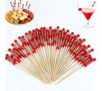 100PCS Cocktail Sticks,Flavoured Toothpicks,12cm Long Handmade Toothpicks Wooden, Natural Bamboo Cocktail Tooth Picks,Mini Food Picks Decorative for Fruits,Desserts,Party Supplies(red)