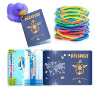 100Pcs Cruising Duck Tags, Passport Design Duck Tags,50 Card with Hole and 50 Rubber Bands, Ducking Games Card （Blue Passport 002）