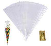 100Pcs Crystal Clean Cone Bags,Clear Cone Bags, 16×30cm Clear Cello Treat Bags with Gold Twist Ties,Candy Bags Cellophane Cones for Sweets,Birthday Party Snacks, Candy, Chocolatesand more
