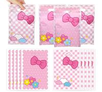 100Pcs Cute Cartoon Pink Cat Party Favor Bags Cute Cat Birthday Party Decoration Bow Flower Patterns Plastic Gift Bag with Handle Cartoon Candy Treat Goodie Bag for Birthday Wedding Bridal Baby Shower