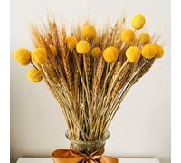 100pcs Dried Wheat Bunch Stalks & 15pcs Dried Yellow Billy Buttons Craspedia Flower Balls, Artificial Flowers Bouquet Grass Flora For Home Decor, Autumn Decor, Wreath Making, Cake Decorations Flowers