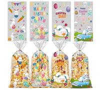 100PCS Easter Candy Bags Easter Goodie Cellophane Treat Bags Easter Egg Bunny Words Cookie Bags Spring Plastic OPP Bags with Twist Ties for Easter Decoration Sping Party Favor Gift Wrapping Supplies
