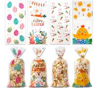 100PCS Easter Cellophane Bags for Sweet Cookie Biscuit Candy Chocolate Snacks Bag Goodie Plastic Gift Bags with Twist Tie Easter Eggs Bunny Chicks Pattern Party Favour Supplies Decorations Multipack