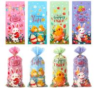 100PCS Easter Gift Bags for Sweet Cookie Biscuit Candy Chocolate Snacks Treats Bag Goodie Plastic Gift Bag with Twist Tie Egg Bunny Chicks Pattern Party Favour Supplies Easter Decorations Multipack