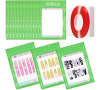 100PCS Empty Solid Green Holographic Nail Storage Bag Press on Nail Packaging Bag and 100PCS Shiny white cardboard Nail Tips Packaging Bags with 1 Roll Transparent Tape