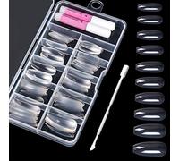 100pcs Fake Nails with Glues, 10 Size Coffin Ballerina False Nail Tips with Cuticle Pusher, Artificial Acrylic Full Cover Fingernails for Nail Art Salons (Clear)