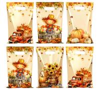 100PCS Fall Thanksgiving Gift Bags with Handle, Fall Thanksgiving Treat Bags, Plastic Falls Autumn Maple Leaf Candy Cookies Bag Scarecrow Pumpkin Goodie Gift Bag for Falls Haverst Party Favor Supplies