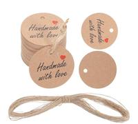 100Pcs Gift Tags, Handmade with Love Labels, 3cm Round Paper Tags with 20m String for Present Wrapping, DIY Arts & Crafts, Invitation Cards (Brown)