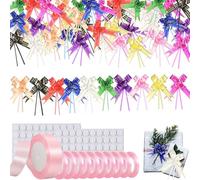 100Pcs Gift Wrapping Bowknot Ribbon, Mini Present Basket Wreath, Assorted Colour Bows String, Decorative Pull Bows with Gold Edge Glue Dots, Satin Polyester Ribbon for Wedding Crafting Christmas