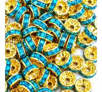 100pcs Glass Rhinestone Rondelle Spacer Beads, Gold Sky Blue, 8mm