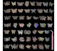 100pcs Glitter Butterfly Stickers with 1 Pink Elbow Tweezers, Holographic Waterproof Stickers, PET Resin Transparent Decorative Stickers for Envelopes, Scrapbooks, Journals