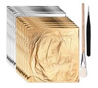 100pcs Gold Leaf Sheets for Art & Gilding Crafting, 5.5"x5.5" Imitation Gold Foil Paper with Tweezers & Brush for DIY Projects Painting Nails Furniture Picture Frames Decor (Gold & Silver)