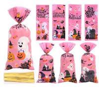 100Pcs Halloween Cellophane Bags, Clear Cellophane Bag Sweet Candy Gift Bags with Twist Tie Trick or Treat Bags for Halloween party favor Supplies (pink)