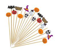 100Pcs Halloween Cocktail Picks, 12 cm Bamboo Skewers - Pumpkin Bat Ghost Skull Themed Appetizer Sticks for Food, Drinks & Party Decorations (Styles Random Mix)