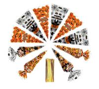100Pcs Halloween Cone Bags Pumpkin Spider Web Treat Bags with Gold Ties | Trick or Treat Sweet Candy Goodie Bags, Party Favors, Cookies & Popcorn & Gifts, 30x16cm (12x6.3in), Easy Open/Close