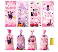 100PCS Halloween Treat Bags - Pink Cotton Candy Style, Trick or Treat Candy Bags with Ties for Snacks, Cookies, Spooky Party Favors & Gifting