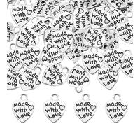 100pcs Heart Shape Charms, Flat Heart Charm, Made with Love Charms, Alloy Word Message Charms, Handmade Metal Labels Printed Made with Love Tag Labels, Tiny Love Pendant for Jewelry Making(Silver)