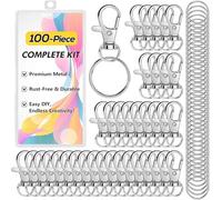 100PCS Keyring Making Kit - 50 Keychain Clips Hooks + 50 Key Rings for DIY Keyrings Keychains Jewellery Lanyards, Swivel Lobster Clasp Set for Crafts, Silver Metal Key Ring Hoops