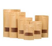 100Pcs Kraft Bags With Window,9 * 14+3cm Kraft Sealable Pouches,Small Brown Sweet Pouches,Resealable Paper Food Storage Bags for Coffee Beans,Nuts,Snacks,Tea Leaves, Spices