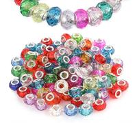 100Pcs Large Hole Acrylic Beads, Mix Color Murano Glass Beads with Silver Brass Core Assorted Faceted European Lampwork Spacer Loose Bead for Pen Bracelet Charms Jewelry Earring Making