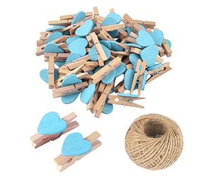 100Pcs Light Blue Mini Wooden Heart Clothespins, Multicolor Small Clothespins with Heart, 3cm Heart Photo Clips, Tiny Clothes Pins with String for Photos Display,DIY Craft,Wedding&Baby Shower Decor