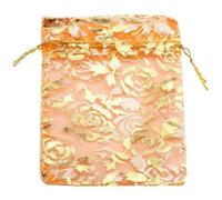 100pcs/lot Drawstring Organza Gift Bag Hot Gold Color Rose Print Pouches Wedding Christmas Party Candy Jewelry Packing