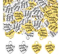 100pcs Made with Love Charms Silver and Gold Heart Shape Charms Flat Tiny Metal Heart Charm Alloy Word Message Charm, Handmade Metal Labels Printed Made with Love Tags Label Pendant for Jewelry Making