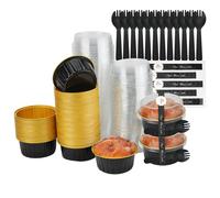 100Pcs Mini Aluminium Foil Baking Cups, 150ml Cupcake Cases with 100 Lids 100 Spoons and 100 Stickers, Reusable Round Muffin Cups Cake Tins for Bread, Cake, Brownie, Party Birthday Wedding(Black Gold)