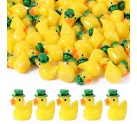 100pcs Mini Resin Ducks, St. Patrick's Day Resin Duck Irish Green Hat Tiny Animals Figures for Miniature Landscape Garden Dollhouse Decoration Potted Ornament Charms Craft Gift Party Toys (Style 1)