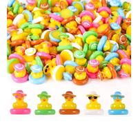 100pcs Mini Resin Ducks, Tiny Miniature Ducks with Sunglasses Swim Ring and Beach Hats for Potted Plants Dollhouse Ornament Landscape Cake DIY Craft Party Games Toys Decoration (5 Colors)