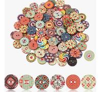 100Pcs Mixed Vintage Wooden Buttons, 15mm Round Wooden Buttons, Printed 2 Holes Wooden-Button Mixed Color, Mixed-Wooden Flower Buttons for Sewing DIY Crafts Decorative