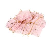 100pcs Moon Star Organza Bags with Drawstring, Pink Transparent Gift Bags for Jewelry Candy Party Favors, Shiny Gold Print Organza Pouches for Christmas Wedding Baby