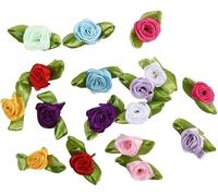 100Pcs Multicolor Mini Ribbon Rose Flower Ornament, Mixed Color Roses Sewing Appliques Trim for Jacket Skirt Decor, Satin Fabric Rose Buds with Leaves