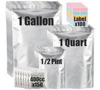 100pcs Mylar Bags for Food Storage 12 Mil Thick with 150x400cc Oxygen Absorbers & Labels, 3 Sizes (1 Gallon, 1 Quart, 1/2 Pint) - Stand-Up, Resealable & Heat Sealable for Long Term Food Storage