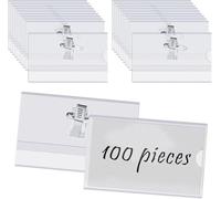 100PCS Name Badges Card Holder with Crocodile Clip and Safety Pin, Name Badges Holder for Work, Clear Badges with Pins Horizontal ID Card Holder, Badge Holders for Company School Corporate Conference