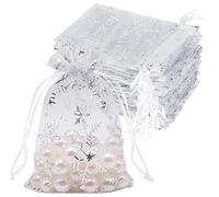 100pcs Organza Gift Bags White Snowflake 10 x 15 cm, Small White Mesh Jewelry Pouches Little Drawstring Candy Bags for Christmas
