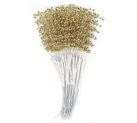 100PCS Pearls Sticks, Artificial Pearls String Beads String Beaded Bouquet Spray Sticks or Bridal Beaded Wedding Party Table Crafts (Gold)