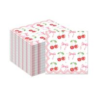 100Pcs Pink Bow Cherry Napkins - Cherries Bows Disposable Napkins with Cherry & Pink Bow Patterns for Wedding, Birthday Party, Baby Shower, Bridal Shower, Tea Party, Table Supplies, 6.3x6.3 Inch